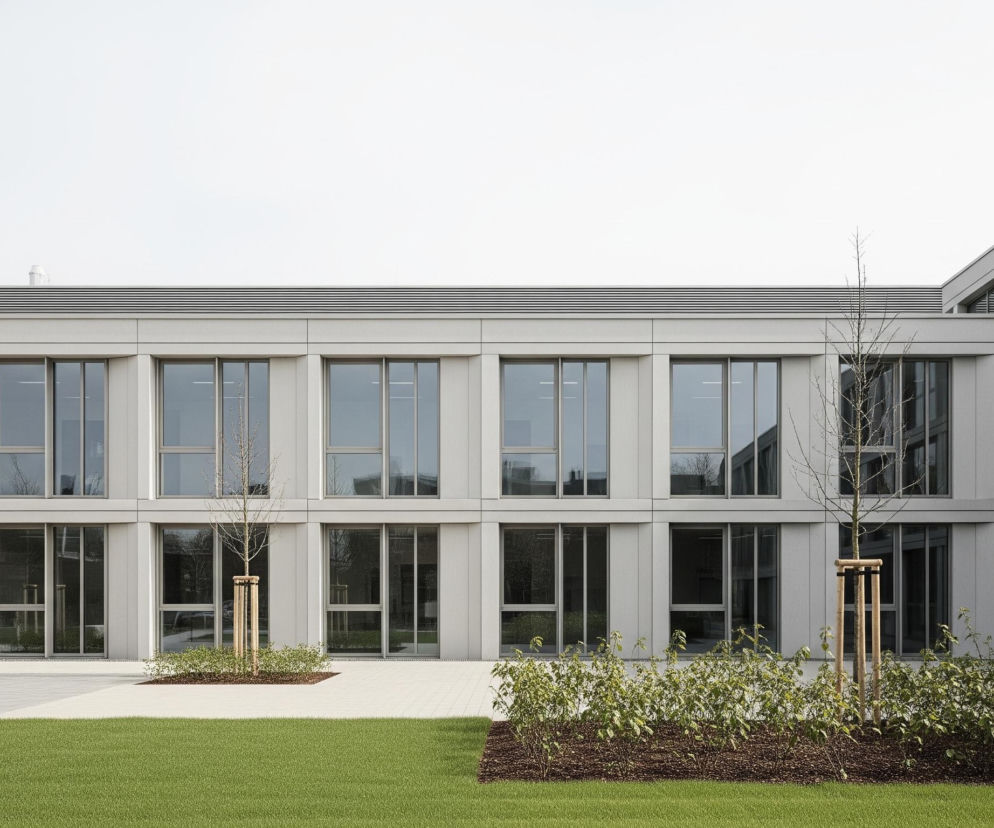 Nowoczesny budynek z jasnoszarymi fasadami i dużymi, prostokątnymi oknami, rozciąga się wzdłuż centrum i prawej strony kadru, tworząc kształt litery L. Przed nim znajduje się dziedziniec z zielonym trawnikiem na pierwszym planie, obsadzonym młodymi drzewkami bez liści, podpartymi drewnianymi palikami i otoczonymi rabatami z drobnymi krzewami. Dalej widać chodnik z jasnych, prostokątnych płyt. Jasne, bezchmurne niebo dominuje w górnej części obrazu.