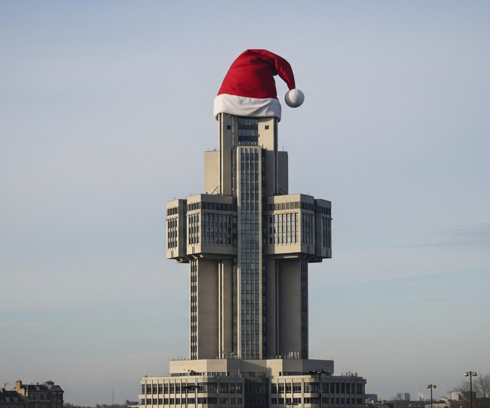 Na pierwszym planie znajduje się wysoki, betonowy wieżowiec o złożonej architekturze, z dużą czerwoną czapką Mikołaja na jego szczycie. Czapka ma białe futrzane wykończenie i białą, okrągłą bombkę na końcu, skierowaną w prawo. Wieżowiec jest w odcieniach szarości i beżu, z licznymi rzędami okien i wyraźnymi poziomymi elementami konstrukcyjnymi. Tło stanowi jasne, błękitno-szare niebo, a u dołu obrazu widać fragmenty innych budynków, drzew i latarni ulicznych.