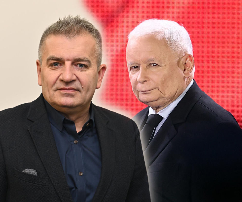 Bartosz Arłukowicz w ciemnej koszuli i marynarce, z siwymi włosami i Jarosław Kaczyński w garniturze z białym krawatem, obaj politycy na tle czerwonej siatki. Artykuł o ich wypowiedziach przeczytasz na naszym portalu.