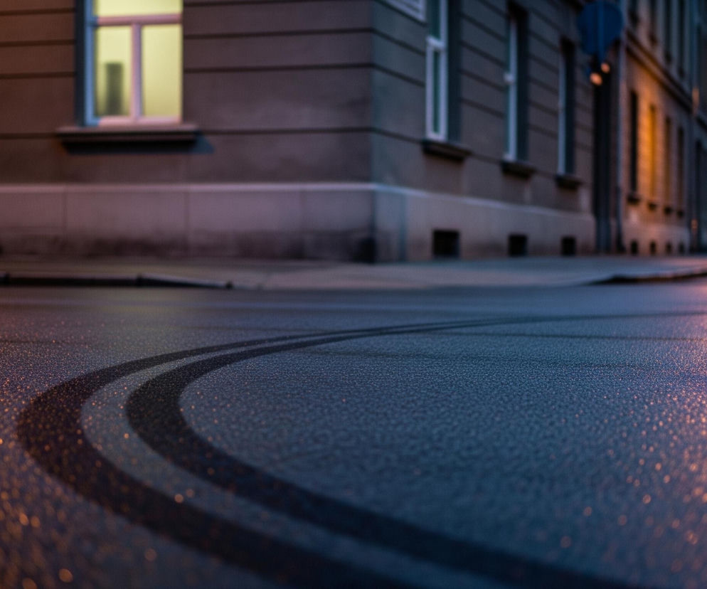 Uliczna nawierzchnia, prawdopodobnie asfaltowa, pokryta drobnymi, błyszczącymi kroplami wody, dominuje pierwszy plan, z wyraźnymi dwoma ciemnymi śladami opon tworzącymi łuk. W tle widoczne są budynki o szarych fasadach z szeregiem okien, z których jedno świeci ciepłym, żółtym światłem. Po prawej stronie, w oddali, stoją latarnie uliczne, emitujące pomarańczowe światło, które odbija się na mokrej jezdni. Całość oświetla zachodzące słońce lub sztuczne światło miejskie, nadając scenie chłodne, niebieskawo-szare odcienie z akcentami ciepłego pomarańczu.