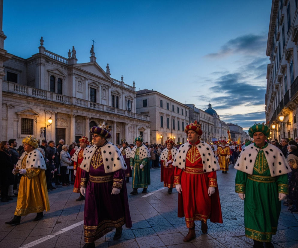 Długa procesja ludzi w bogatych, historycznych strojach maszeruje brukowaną ulicą wzdłuż zabytkowych budynków. Głównymi postaciami są mężczyźni ubrani w obszerne szaty w kolorach złota, purpury, czerwieni i zieleni, ozdobione złotymi haftami i pelerynami z białego futra w czarne kropki, z koronami i turbanami na głowach. Po obu stronach ulicy stoją tłumy widzów, obserwując paradę. Tłem jest budynek o jasnej fasadzie z kolumnami i rzeźbami na dachu, po prawej stronie widać kamienice z latarniami ulicznymi o ciepłym świetle. Scena rozgrywa się o zmierzchu, niebo przybiera odcienie granatu i błękitu, z widocznymi delikatnymi obłokami.