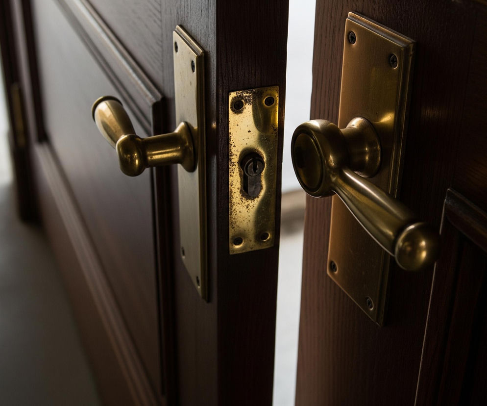 Dwoje otwartych, ciemnobrązowych, drewnianych drzwi z mosiężnymi klamkami i zamkami dominuje w kadrze. Lewe skrzydło drzwiowe jest lekko uchylone, ukazując jasne wnętrze po jego lewej stronie, podczas gdy prawe skrzydło jest szerszej otwarte, prezentując podobnie jasne tło za nim. Mosiężne elementy klamek i zamków są porysowane i posiadają patynę, co wskazuje na ich wiek lub intensywne użytkowanie. Światło z otwartej przestrzeni za drzwiami rozświetla mosiężne powierzchnie, tworząc odblaski i podkreślając teksturę drewna, zwłaszcza na prawym skrzydle drzwi.