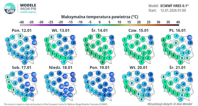 Temperatury od 12 do 21 stycznia 2026