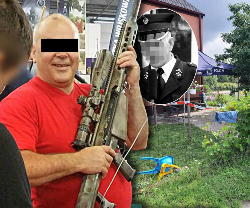 Uśmiechnięty Leszek G. trzyma dużą broń palną. Obok miniatura z sołtysem w mundurze. O zbrodni w Zbrzy przeczytasz na SE.