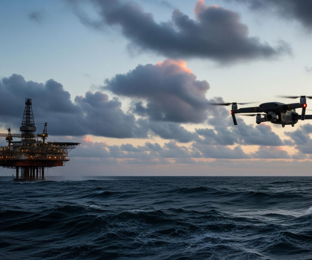 Czarny dron z czterema obracającymi się śmigłami, wyraźnie widoczny w prawej części kadru, unosi się nad wzburzonym, ciemnogranatowym morzem. W tle, po lewej stronie, dominuje platforma wiertnicza z licznymi, jasnożółtymi światłami, stojąca na masywnych, ciemnoczerwonych nogach. Niebo wypełniają szare chmury, a niektóre z nich, szczególnie po lewej stronie, mają różowe i pomarańczowe odcienie zachodzącego słońca, kontrastujące z jasnoniebieskim pasem horyzontu.