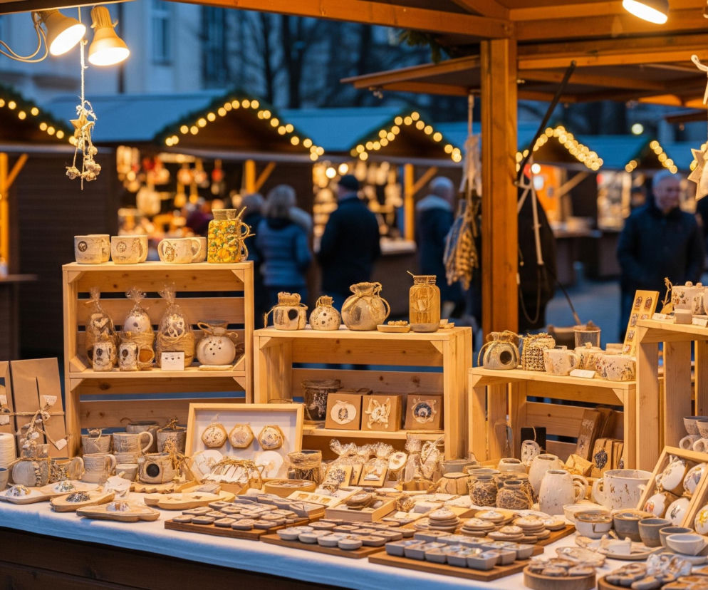 Stoisko handlowe z różnorodnymi, ręcznie wykonanymi przedmiotami ceramicznymi i dekoracyjnymi, eksponowanymi na drewnianych skrzyniach oraz rozłożonymi na białym obrusie. Wiele kubków, miseczek, naczyń i ozdób, często w odcieniach beżu, szarości i brązu, z delikatnymi wzorami lub teksturami, jest gęsto ułożonych. Nad stoiskiem wiszą lampy o ciepłym świetle, oświetlające towar, a w tle widać inne drewniane budki z girlandami światełek i niewyraźne sylwetki ludzi, co wskazuje na wieczorną scenerię wydarzenia na zewnątrz.