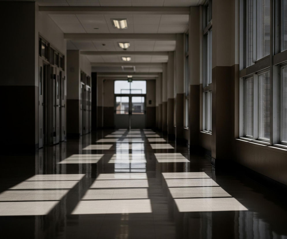 Długi korytarz, prawdopodobnie szkolny, rozciąga się w głąb obrazu, zwieńczony podwójnymi drzwiami z przezroczystymi szybami, przez które widać jaśniejsze otoczenie. Po lewej stronie ciągnie się rząd ciemnych, drewnianych drzwi z wąskimi przeszkleniami, a po prawej stronie znajduje się ściana z wieloma prostokątnymi oknami, przez które wpada jasne światło słoneczne. Na wypolerowanej, ciemnej podłodze korytarza widoczne są wyraźne, prostokątne plamy światła tworzące wzór kraty. Górna część korytarza jest oświetlona rzędami podłużnych, fluorescencyjnych lamp sufitowych.