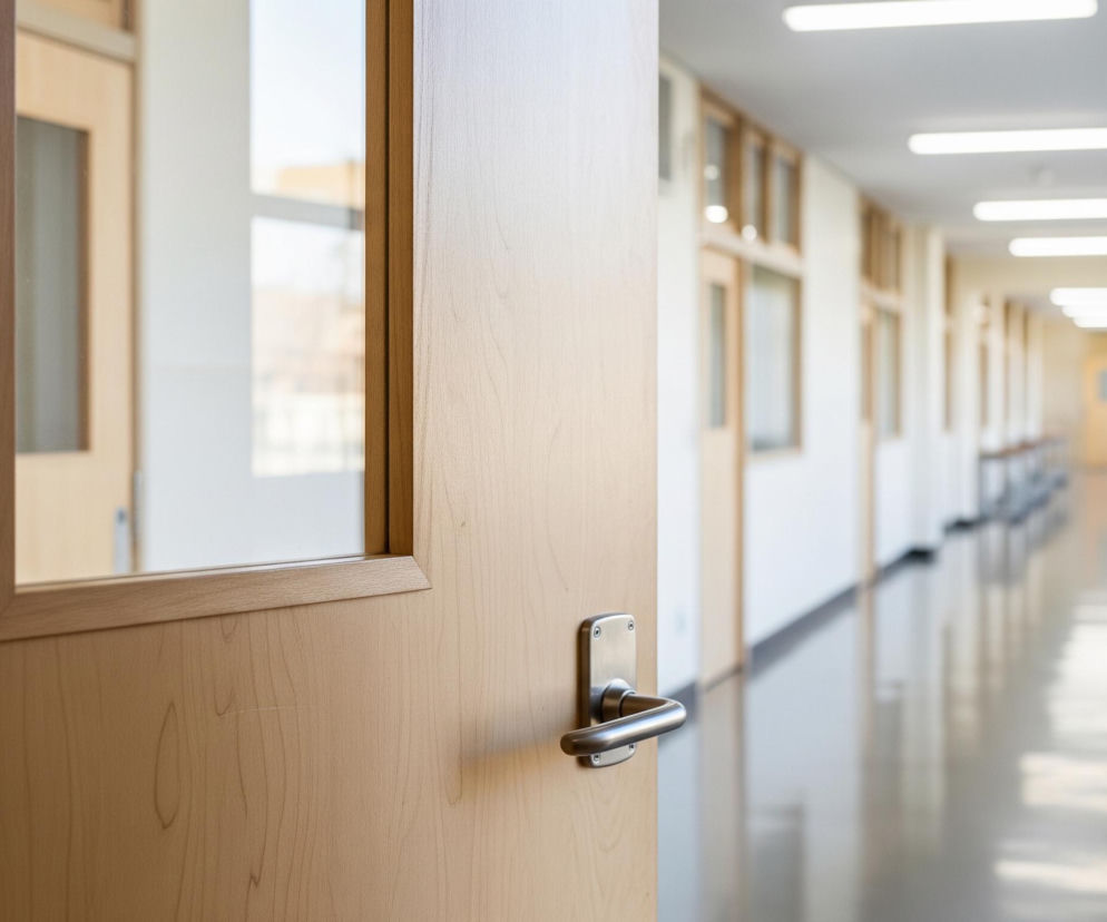 Uchylone drewniane drzwi w jasnym, kremowym kolorze, z prostokątną szybą w górnej części, zajmują lewą stronę kadru. Na drzwiach widoczna jest srebrna klamka, od której w głąb korytarza rozciąga się przestrzeń. Korytarz charakteryzuje się białymi ścianami i jasną, błyszczącą podłogą, która odbija światło z prostokątnych lamp sufitowych. Po prawej stronie korytarza widać szereg zamkniętych drzwi w podobnym stylu, również z prostokątnymi szybami, a dalej w tle, po lewej stronie, zarys kolejnych drzwi i okna.