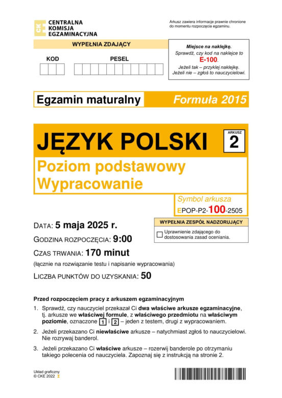 Matura 2025: polski 5.05.2025. Arkusze CKE i odpowiedzi. Poziom podstawowy 1 i 2 część [Formuła 2015]