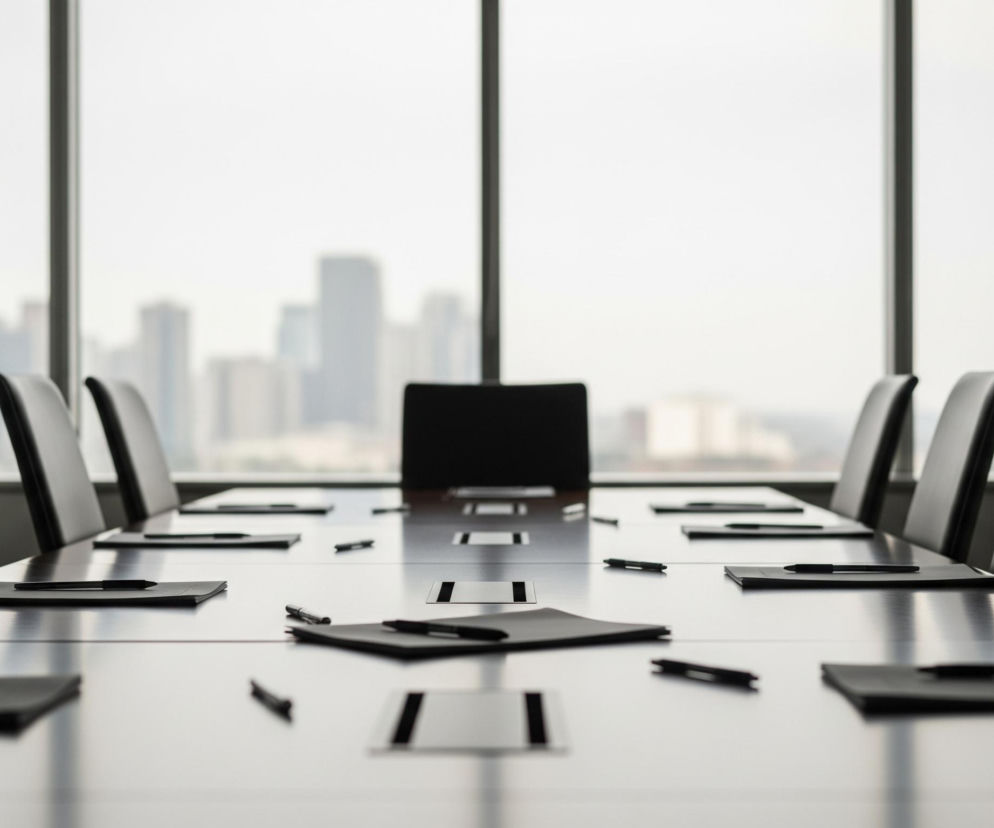 Długi, prostokątny stół konferencyjny z ciemnego, połyskliwego drewna zajmuje środek pomieszczenia. Wokół stołu ustawione są ciemne krzesła biurowe z wysokimi oparciami, a na blacie leżą czarne teczki z dokumentami i długopisy, przygotowane dla uczestników. W tle rozciąga się duże okno, ukazujące rozmyty widok na panoramę miasta z wieloma wysokimi budynkami.