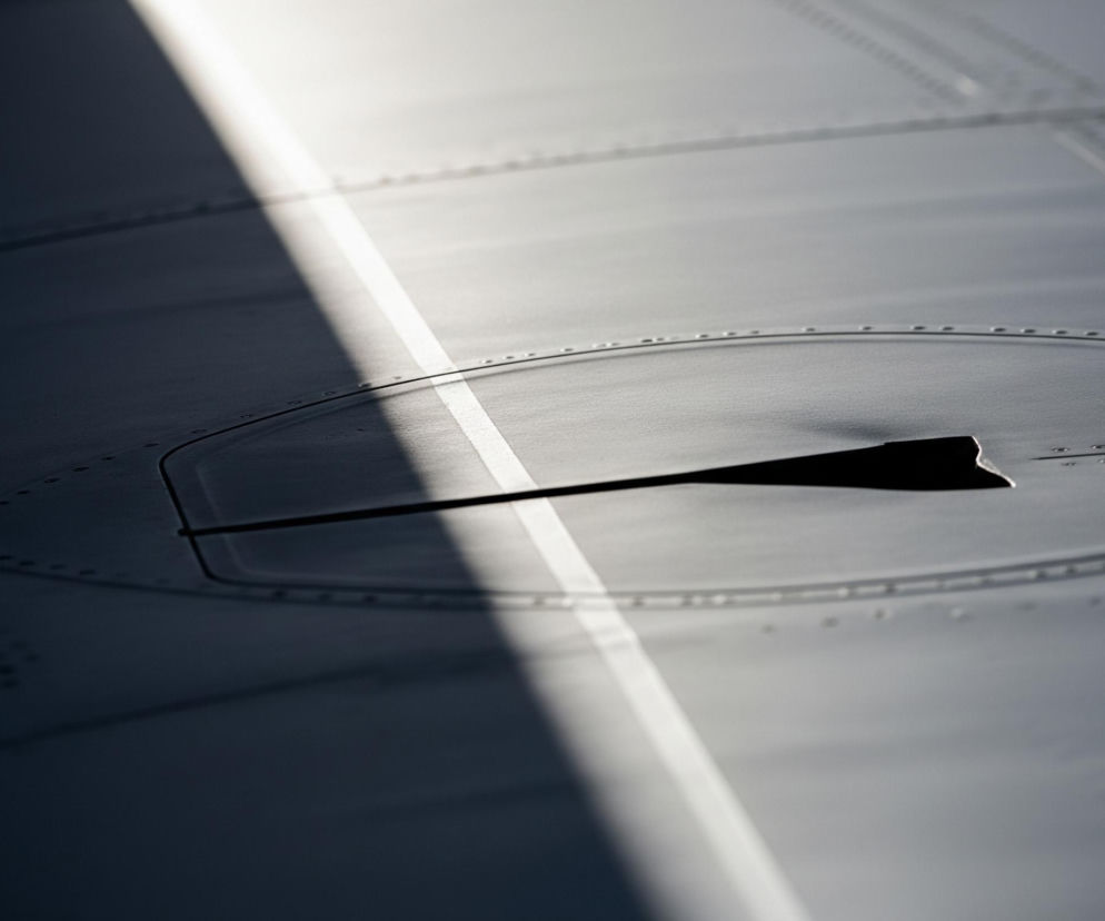 Szara, metalowa powierzchnia pokryta jest regularnymi rzędami małych, okrągłych nitów, tworzących poziome i pionowe linie, wyginające się lekko w prawym dolnym rogu. Przez środek obrazu, od lewej górnej części do prawego dolnego rogu, przebiega ukośna biała linia, która dzieli zdjęcie na dwie strefy jasności. Po lewej stronie linia światła tworzy prostokątny obszar intensywnego oświetlenia, rzucając wyraźny cień na lewą górną część kadru, która jest znacznie ciemniejsza, prawie czarna. Po prawej stronie tej białej linii, powierzchnia jest równomiernie oświetlona, przyjmując jasnoszary kolor. Na tej oświetlonej powierzchni, w prawym dolnym kwadracie, znajduje się owalny panel z zaokrąglonymi krawędziami, mocowany do powierzchni kolejnymi, drobniejszymi nitami. Wewnątrz tego owalnego panelu widać ciemną, podłużną szczelinę, która rozszerza się w trójkątny kształt po prawej stronie.