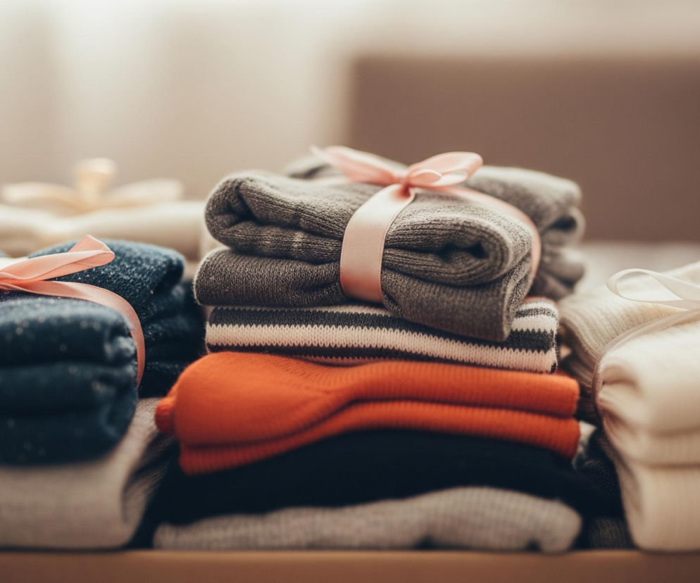 Ułożone w stosy, złożone ubrania na drewnianej powierzchni. Pośrodku znajduje się stos szarych ubrań przewiązanych różową wstążką, pod nimi leżą ubrania w paski (szaro-białe), pomarańczowe, granatowe i jasnoszare. Po lewej stronie widać stos granatowych, wzorzystych ubrań, również przewiązanych różową wstążką, a pod nimi jasnoszare. Po prawej stronie leży stos jasnych, kremowych ubrań przewiązanych białą wstążką. Tło jest jasne, rozmyte, w ciepłych odcieniach beżu i brązu.