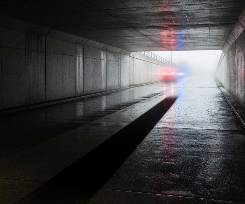 Długi, betonowy tunel prowadzi w głąb mglistej ulicy. Z tunelu wyjeżdża pojazd z włączonymi, migającymi światłami: czerwonym i niebieskim. Światła odbijają się od mokrej nawierzchni drogi i sufitu tunelu, tworząc intensywne smugi koloru. Po lewej stronie ciemny, długi cień przecina drogę, a po prawej widać mokrą, betonową ścianę.