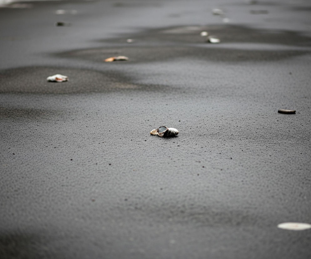 Na pierwszym planie, centralnie, leży zwinięty, jasny przedmiot, być może papierosa lub jego resztki, z ciemniejszymi elementami u podstawy. Powierzchnia, na której leży, jest ciemnoszara, z wyraźną, drobną teksturą przypominającą granulki lub kropelki. W tle rozciąga się ta sama ciemnoszara powierzchnia, na której widać nieregularne, jaśniejsze plamy i wiele rozrzuconych, małych, niewyraźnych obiektów o różnych kształtach i kolorach, niektóre białe, inne brązowe lub ciemniejsze. Horyzont na samej górze obrazu jest rozmyty i jaśniejszy, sugerując odbicie światła lub dalszy obszar pokryty inną substancją.