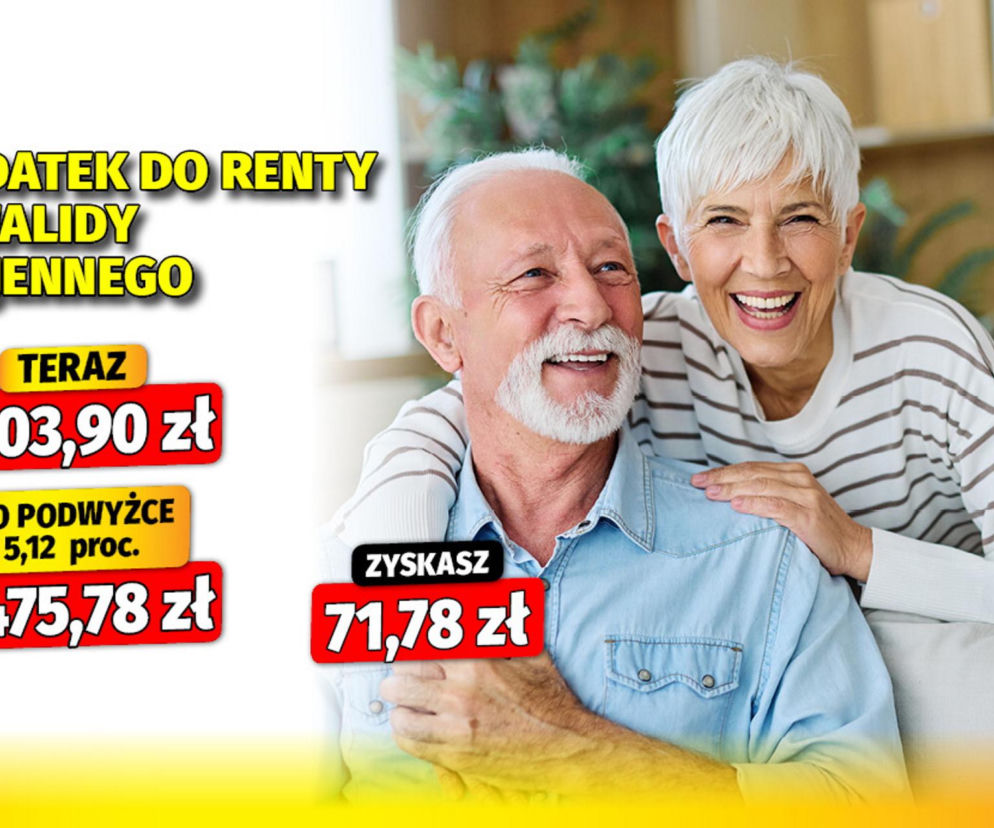 Uśmiechnięta para seniorów obok grafik z kwotami dodatku do renty. O wyższej waloryzacji przeczytasz w serwisie Eska.