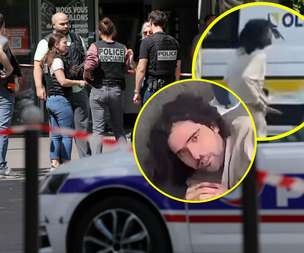 Policjanci w Paryżu na miejscu ataku. Na miniaturach napastnik z nożami oraz jego twarz. O ataku przeczytasz na Eska.