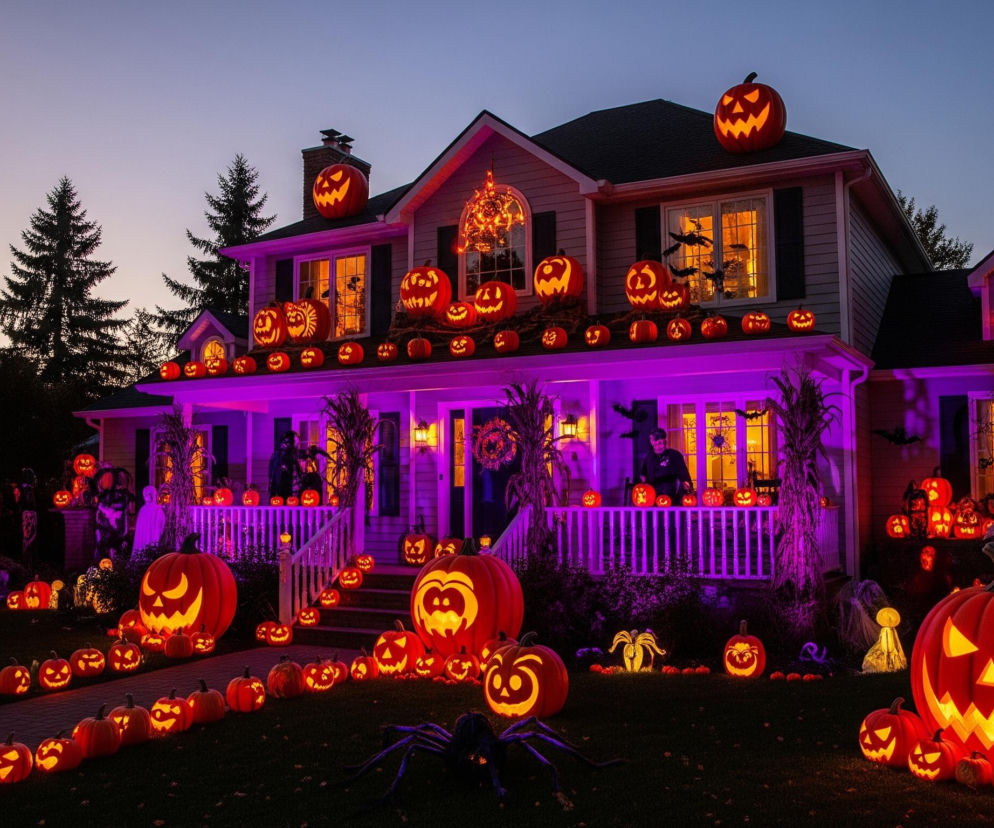 Dom ozdobiony mnóstwem świecących dyń na Halloween. O imprezie Baddieween Party Animals przeczytasz na SE.