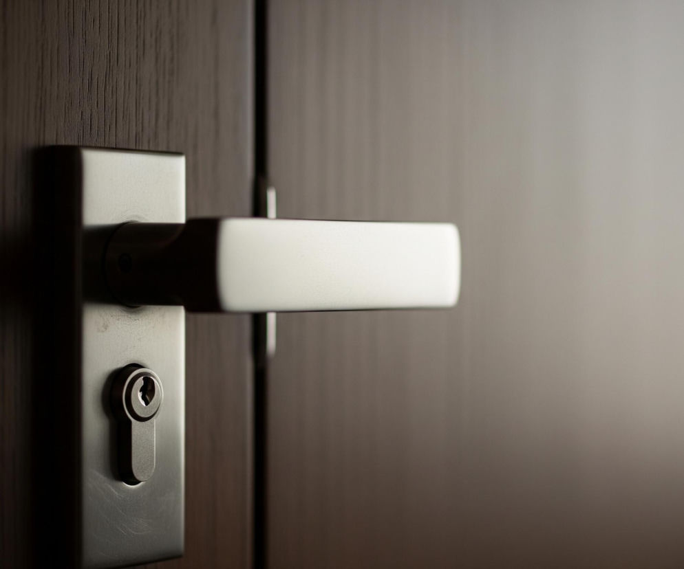 Pośrodku kadru, na ciemnym, drewnianym tle z widocznymi pionowymi słojami, znajduje się srebrna, prostokątna klamka drzwiowa z dopasowanym do niej zamkiem. Klamka i zamek odbijają światło, tworząc jaśniejsze akcenty na ich powierzchni, zwłaszcza na górnej części klamki. Prawa strona obrazu jest rozmyta i znacznie jaśniejsza, co sugeruje otwartą przestrzeń lub inną powierzchnię o jaśniejszym odcieniu, podczas gdy lewa strona jest ciemniejsza i bardziej szczegółowa.