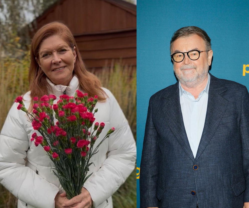 Katarzyna Dowbor z bukietem różowych kwiatów. Obok zdjęcie Edwarda Miszczaka. O ich relacji przeczytasz na SE.