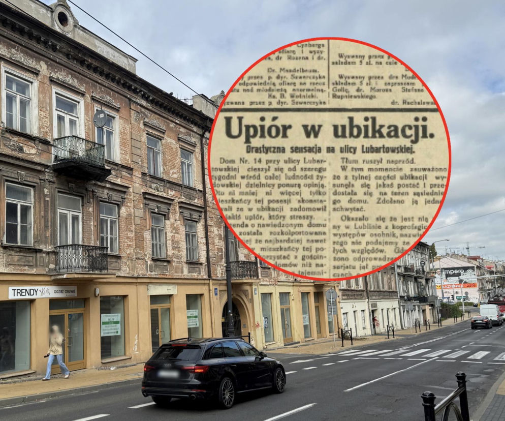 Kamienica przy ulicy Lubartowskiej 14. Na wstawce stary wycinek gazety z tytułem Upiór w ubikacji. Czytaj w SE Lublin.