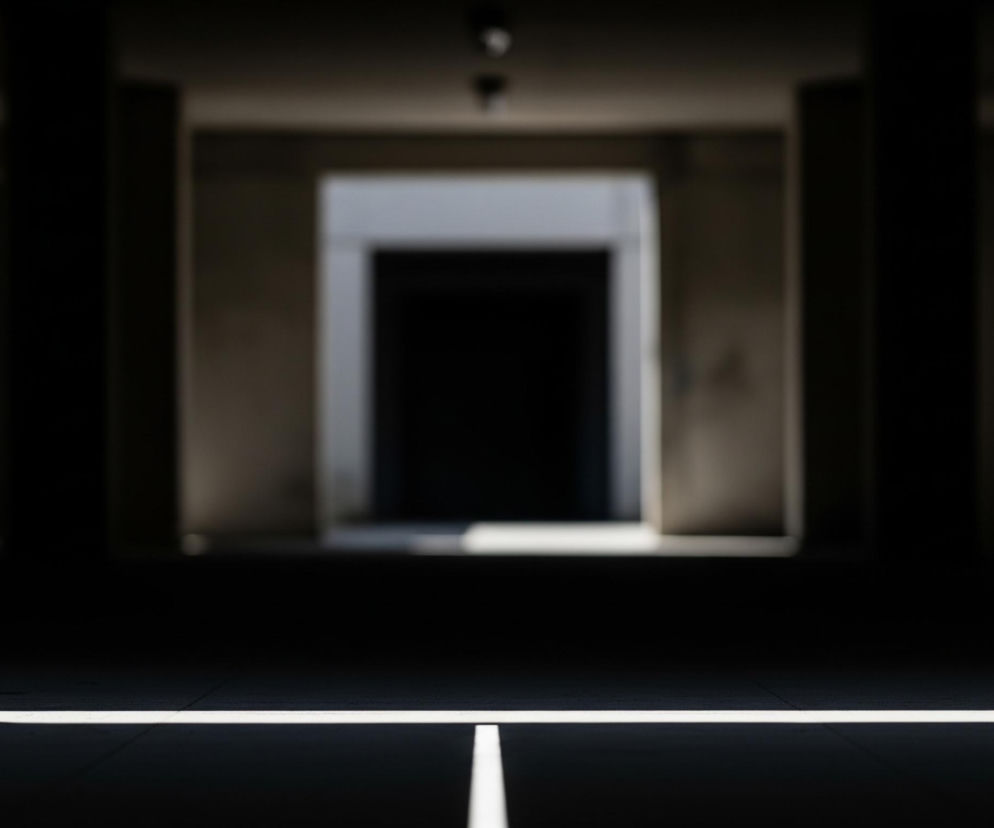 Na pierwszym planie widoczna jest pozioma biała linia światła, równoległa do dolnej krawędzi zdjęcia, z krótkim pionowym przedłużeniem skierowanym w dół. Reszta pierwszego planu to ciemna, niemal czarna powierzchnia. W tle, ostrość jest rozmyta, ukazując tunel lub korytarz z kilkoma prostokątnymi przejściami w głąb. Najbliższe przejście jest ciemne, dalej widać jaśniejsze, szare ściany i otwory, z najdalszym elementem przypominającym okno lub drzwi.
