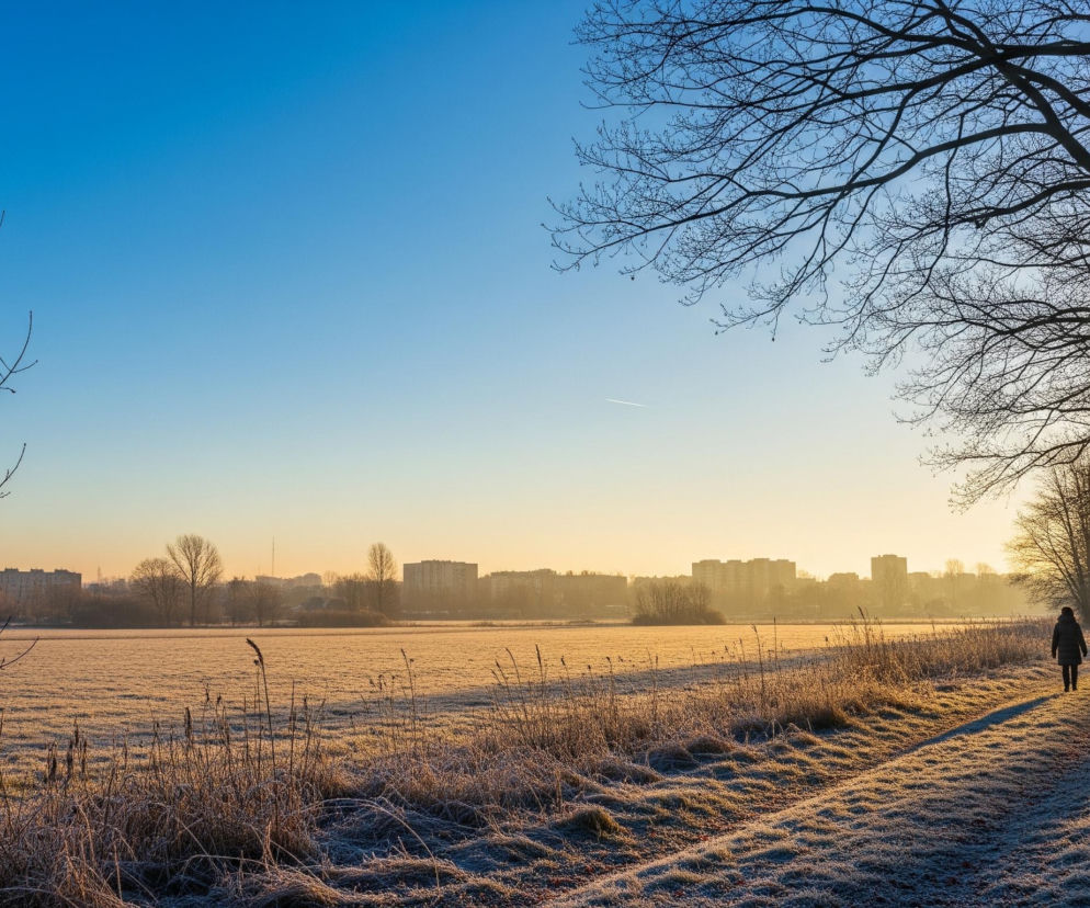 Kobieta w ciemnej kurtce idzie samotnie po zaśnieżonej, gruntowej drodze, która biegnie przez pokryte szronem pole. Droga ta jest oświetlona ciepłym, złocistym światłem słońca przebijającym się przez drzewa po prawej stronie kadru. Na horyzoncie, ponad zamglonym polem, widać zarysy miejskich budynków. Niebo, od górnej, błękitnej części, stopniowo przechodzi w jasny pomarańczowo-żółty odcień blisko horyzontu.