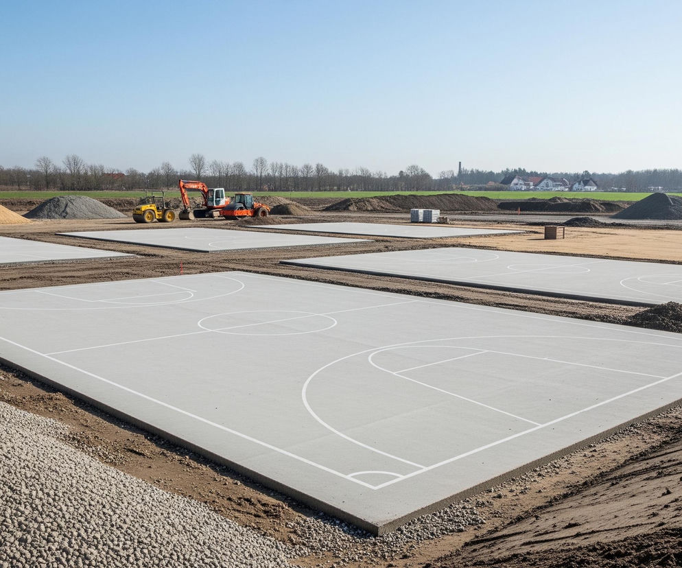 Na pierwszym planie widoczne są cztery prostokątne, szare płyty betonowe z białymi liniami, które sugerują boiska sportowe, położone na piaszczysto-ziemistym terenie. Po lewej stronie i na dolnej krawędzi obrazu znajduje się duży nasyp z jasnoszarych, drobnych kamieni. W tle, za placem budowy, widać las z bezlistnymi drzewami, zielone pola, a po prawej stronie horyzontu pojedyncze budynki mieszkalne. Nad całością rozciąga się bezchmurne, jasnoniebieskie niebo.