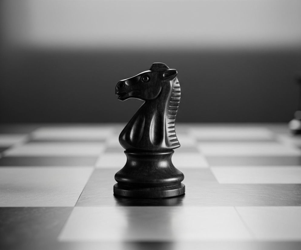 Na szachownicy z czarno-białymi polami stoi czarna figura konia. Koń, zwrócony w lewą stronę, jest wyraźnie oświetlony od prawej, co podkreśla jego rzeźbione detale i nadaje mu błyszczącą fakturę. W tle, niewyraźne, stoją inne czarne figury szachowe. Całość utrzymana jest w czarno-białej tonacji, z gradientowym, rozmytym tłem.