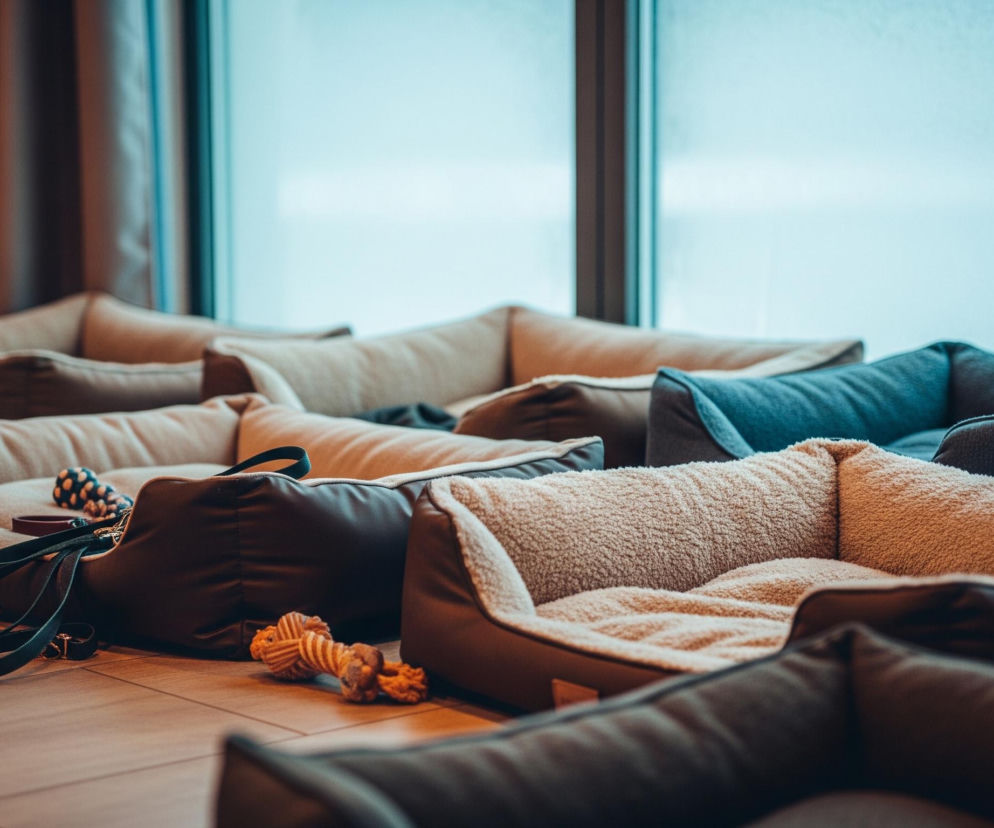 Rząd legowisk dla zwierząt domowych, głównie dla psów, rozciąga się wzdłuż jasnego okna, wypełniając drewnianą podłogę. Legowiska są w różnych odcieniach brązu, beżu, czerni i granatu, niektóre z nich mają pluszowe, jasne wnętrze. Na pierwszym planie, obok jednego z legowisk, leży zwinięta smycz w ciemnym kolorze oraz zabawka w kształcie kości, wykonana z plecionego materiału w paski. Tło stanowią pionowe ramy okienne i widok na zewnątrz, gdzie dominuje rozmyta, jasna przestrzeń.