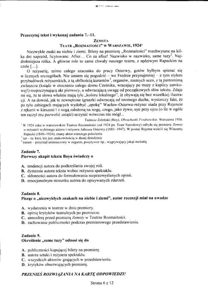 EGZAMIN GIMNAZJALNY 2012, JĘZYK POLSKI - ARKUSZE, PYTANIA, ODPOWIEDZI - TEST GIMNAZJALNY 2012 JEZYK POLSKI