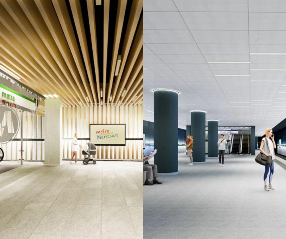 Wizualizacje wnętrz dwóch stacji 3. linii metra w Warszawie: po lewej antresola z drewnianym sufitem i ruchomymi schodami, po prawej peron z filarami i ciemnoniebieskimi ścianami. O projekcie linii M3 przeczytasz na Architektura Murator Plus.