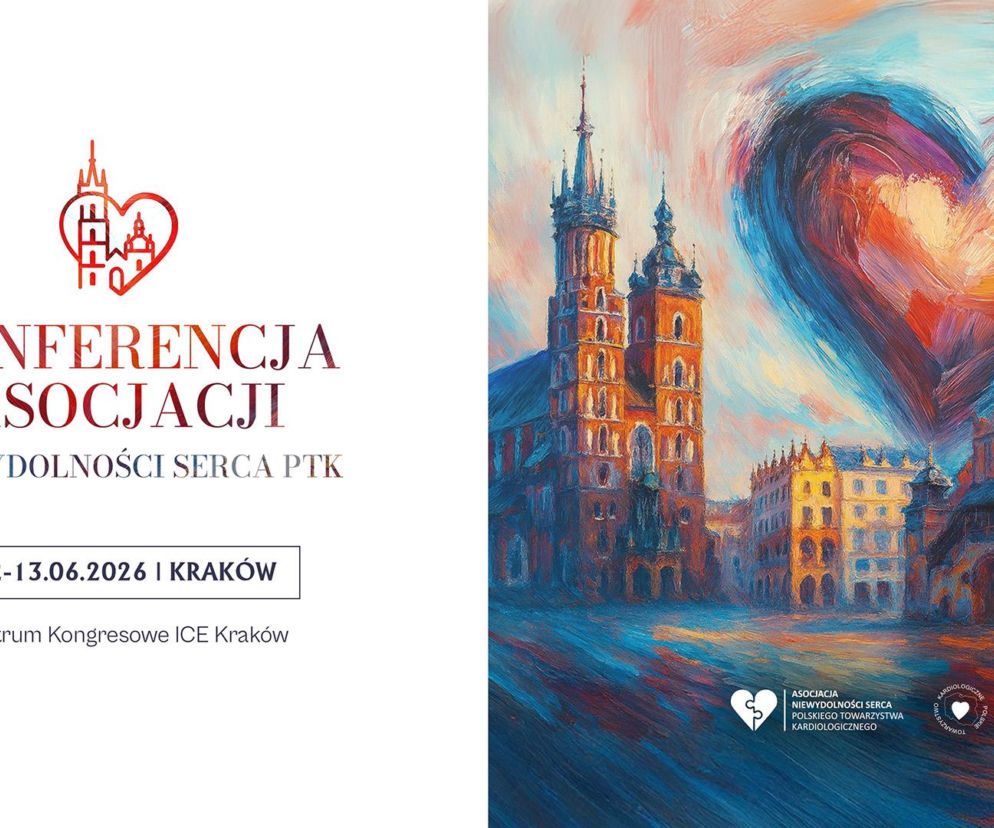 Grafika informacyjna Konferencji Asocjacji Niewydolności Serca PTK w Krakowie w dniach 12-13.06.2026 w ICE Kraków, z widokiem na Sukiennice i Kościół Mariacki oraz symbolicznym sercem. Więcej o tym wydarzeniu znajdziesz na portalu Poradnik Zdrowie.