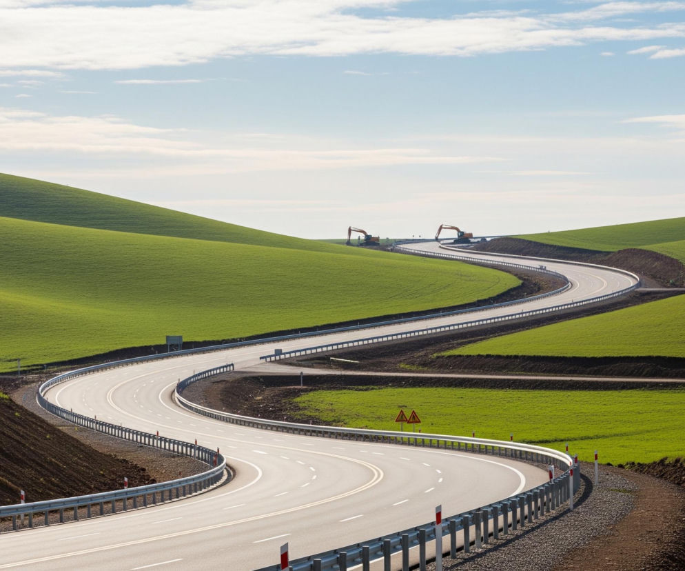 Wzdłuż falujących zielonych wzgórz rozciąga się nowo wybudowana, wijąca się szosa. Droga o dwóch pasach ruchu w każdym kierunku jest otoczona barierami energochłonnymi i białymi słupkami ostrzegawczymi z czerwonymi odblaskami. W oddali, na szczycie wzniesienia, widoczne są dwie pomarańczowe koparki, wskazujące na trwające prace budowlane. Niebo jest częściowo zachmurzone, z błękitnymi prześwitami.