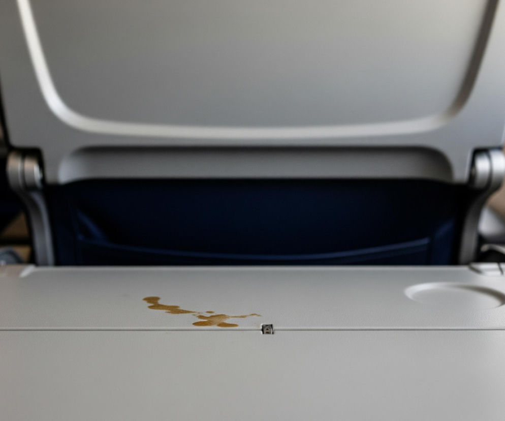 Rozłożony, szary stolik lotniczy, widziany z perspektywy pasażera, zajmuje dół kadru. Na jego powierzchni, lekko na lewo od centralnej osi, widoczna jest brązowa plama o nieregularnym kształcie, sprawiająca wrażenie zaschniętego rozlanego płynu. W górnej części obrazu znajduje się oparcie siedzenia przedniego, w kolorze szarym z niebieskim, materiałowym wykończeniem kieszeni. Po prawej stronie stolika widać okrągłe wgłębienie na kubek.