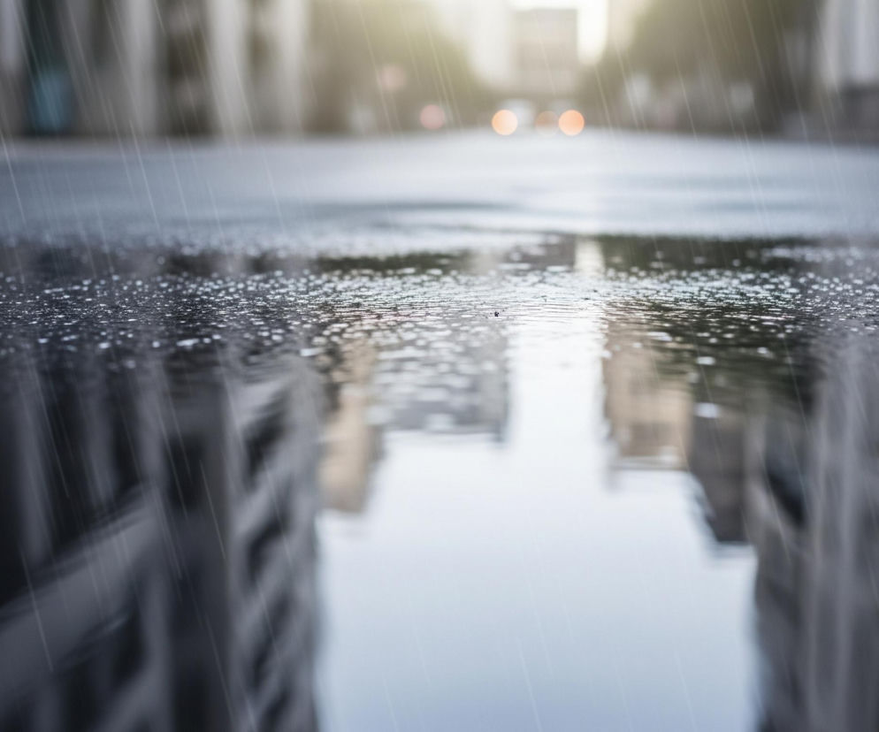 Ulica w mieście, świeżo zmoczona deszczem, odbija w kałużach zamazane sylwetki wysokich budynków po obu stronach. W dolnej części obrazu widoczne są liczne, drobne kropelki wody na powierzchni asfaltu, a pionowe smugi deszczu przecinają całą kompozycję. W oddali, na rozmytym tle, dostrzegalne są niewyraźne, pomarańczowe światła pojazdów oraz słabe rozbłyski słońca przebijające się przez chmury. Scena utrzymana jest w chłodnych odcieniach szarości i błękitu, z nielicznymi akcentami cieplejszego światła.