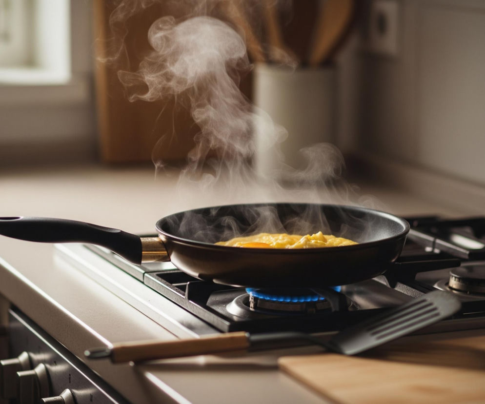 Patelnia z jajecznicą gotująca się na kuchence gazowej w kuchni, z której unosi się para. Patelnia jest ciemna, z czarną rączką, a w środku widać jasne, żółte składniki. Poniżej patelni widać niebieski płomień palnika gazowego, a także czarne ruszty i resztę płyty kuchennej. Obok kuchenki leżą narzędzia kuchenne, w tym łopatka i drewniana łyżka, oraz deska do krojenia. W tle widać białe ściany, a po lewej stronie, za patelnią, znajduje się parapet okienny z rośliną doniczkową.
