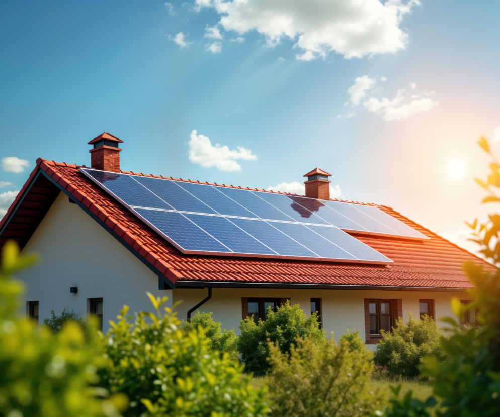 Panele fotowoltaiczne na dachu domu jednorodzinnego w słoneczny dzień. O dotacjach na magazyny energii czytaj na Muratordom.