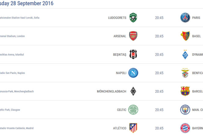 Liga Mistrzów 28.09.2016 - TERMINARZ, MECZE
