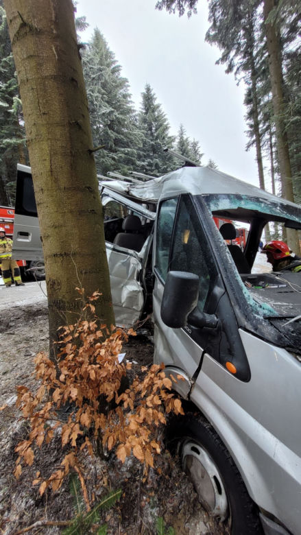 Potworny wypadek pod Krynicą-Zdrój! Nie żyje 32-latek ze Słowacji. Bus z 4 osobami rozbił się o drzewo [ZDJĘCIA]