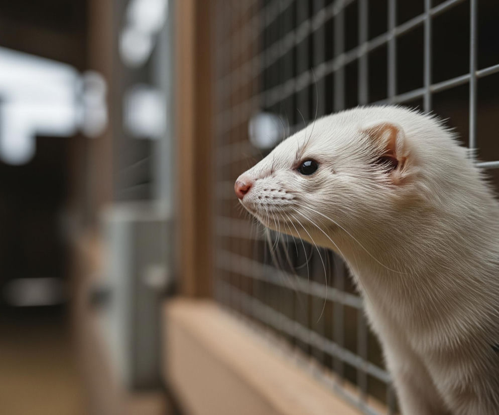 Biała fretka wychyla głowę przez drucianą siatkę klatki, patrząc w lewą stronę obrazu. Jej futro jest lśniąco białe, a różowy nosek i ciemne, błyszczące oczy kontrastują z jasnym ubarwieniem. Długie, białe wąsy wyraźnie odcinają się od pyszczka, a w tle widać rozmyte, beżowo-brązowe tło, sugerujące wnętrze pomieszczenia lub zagrody.
