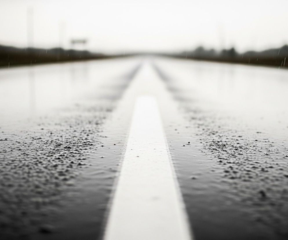 Centralnie, w perspektywie jednopunktowej, widoczna jest mokra jezdnia z białą, ciągłą linią pośrodku, biegnącą w głąb kadru. Powierzchnia asfaltu jest pokryta warstwą wody i drobnymi kroplami, zwłaszcza w dolnej części obrazu, gdzie deszcz wyraźnie odbija się od nawierzchni. Horyzont jest niewyraźny, z ciemnym pasmem drzew lub krzewów po obu stronach drogi, zlewającym się z jasnoszarym, pochmurnym niebem, które zajmuje górną część kompozycji. Całość utrzymana jest w stonowanej kolorystyce szarości, bieli i czerni, z minimalnymi akcentami zieleni w tle.