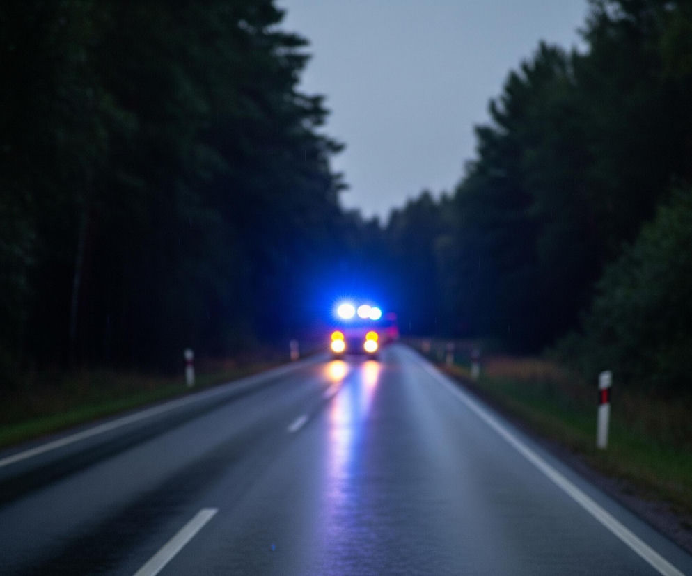 W deszczową, ciemną scenerię leśnej drogi, rozświetla się zbliżający się pojazd z włączonymi światłami awaryjnymi. Błękitne i pomarańczowe światła odbijają się od mokrej nawierzchni asfaltu, tworząc smugi kolorowego blasku. Po obu stronach drogi widoczne są gęste, ciemne zarysy drzew i krzewów, a wzdłuż pobocza rozmieszczone są biało-czerwone słupki.