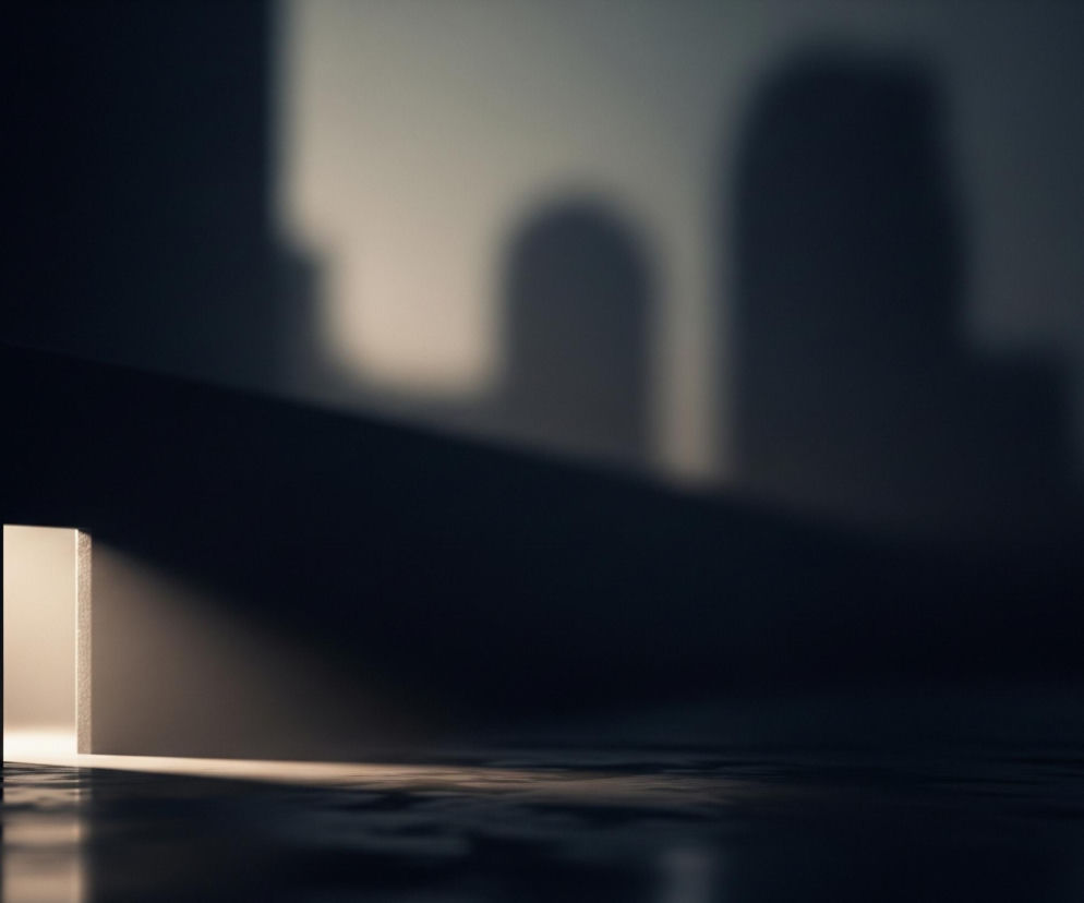 Ciemną scenę z wąskim pionowym przejściem po lewej stronie, z którego bije jasne, białe światło. Światło to rozlewa się na mokrej, błyszczącej powierzchni podłogi, tworząc odbicia i rozjaśniając dolną część kompozycji. W tle widoczne są rozmyte, ciemne sylwetki budynków, sprawiające wrażenie miejskiego krajobrazu o zmierzchu lub w nocy.