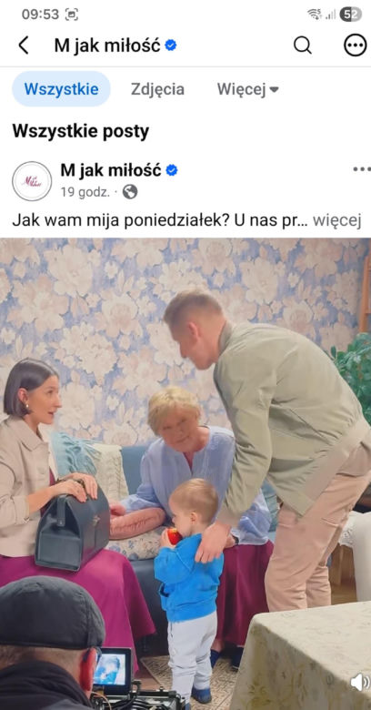 M jak miłość nowy sezon. Paweł (Rafał Mroczek), Agnes (Amanda Mincewicz), Barbara (Teresa Lipowska), Antoś (Mikołaj Jankowski) na planie