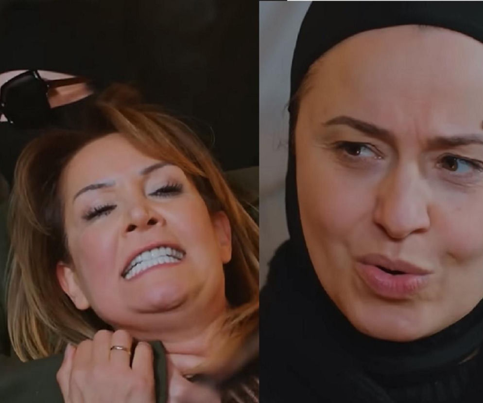 Kolaż dwóch zdjęć przedstawia Feraye duszoną przez porywacza oraz zamyśloną Cavidan w czarnej chuście na głowie. Scena z serialu Miłość i nadzieja ilustruje dramatyczne wydarzenia z odcinka 369, o których przeczytasz więcej na Super Seriale.