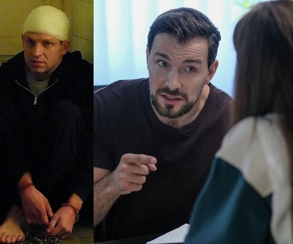 Kolaż dwóch zdjęć: po lewej Michał Rolnicki jako Łukasz Sadowski, skulony na podłodze, z zabandażowaną głową i kajdankami na rękach i nogach. Po prawej Oskar Stoczyński jako Marcin Kodur z brodą, w czarnej koszulce, wskazujący palcem, rozmawiający z Celiną (Orina Krajewska) widoczną od tyłu. Więcej o ich losach w Barwach szczęścia na Super Seriale.