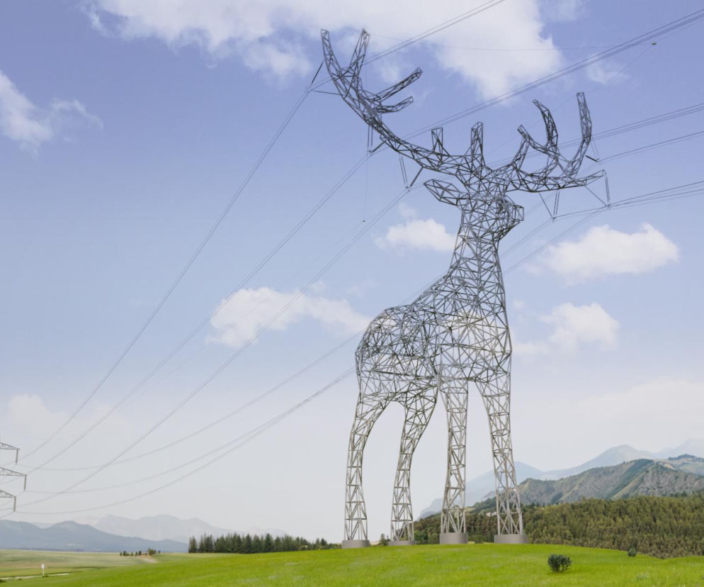 Olbrzymi, designerski słup energetyczny w kształcie jelenia z rozłożystymi rogami, stojący na zielonym wzgórzu, z liniami wysokiego napięcia w tle i tradycyjnymi słupami w oddali. Ten innowacyjny projekt zmienia krajobraz energetyczny, o czym przeczytasz na Architektura Murator Plus.