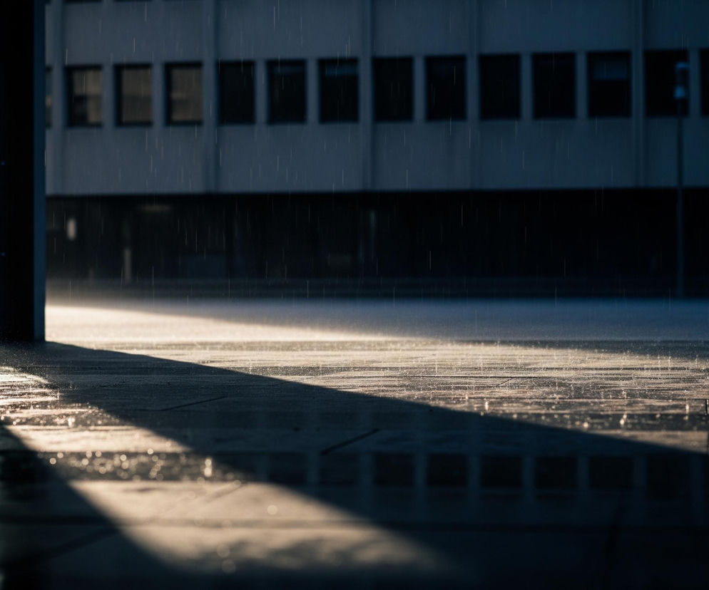 Uchylone ciemne drzwi po lewej stronie kadru, z ciemną klamką, otwierają się na zewnątrz, ukazując jasne, rozmyte tło, po którym spływają liczne krople deszczu. Światło dzienne wpada przez otwór, tworząc na ziemi długi, prostokątny cień rozciągający się od lewej do prawej strony. Podłoga przed drzwiami jest mokra i pokryta drobnymi kroplami deszczu, odbijającymi światło. W oddali, na ciemnym, niebieskoszarym budynku, widoczne są rzędy prostokątnych, ciemnych okien, a cały budynek jest zamazany przez spływające, białe pasma deszczu.