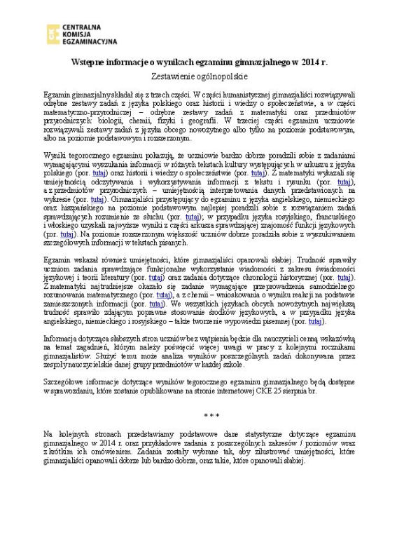 Wyniki egzaminu gimnazjalnego 2014 - wstępny raport CKE