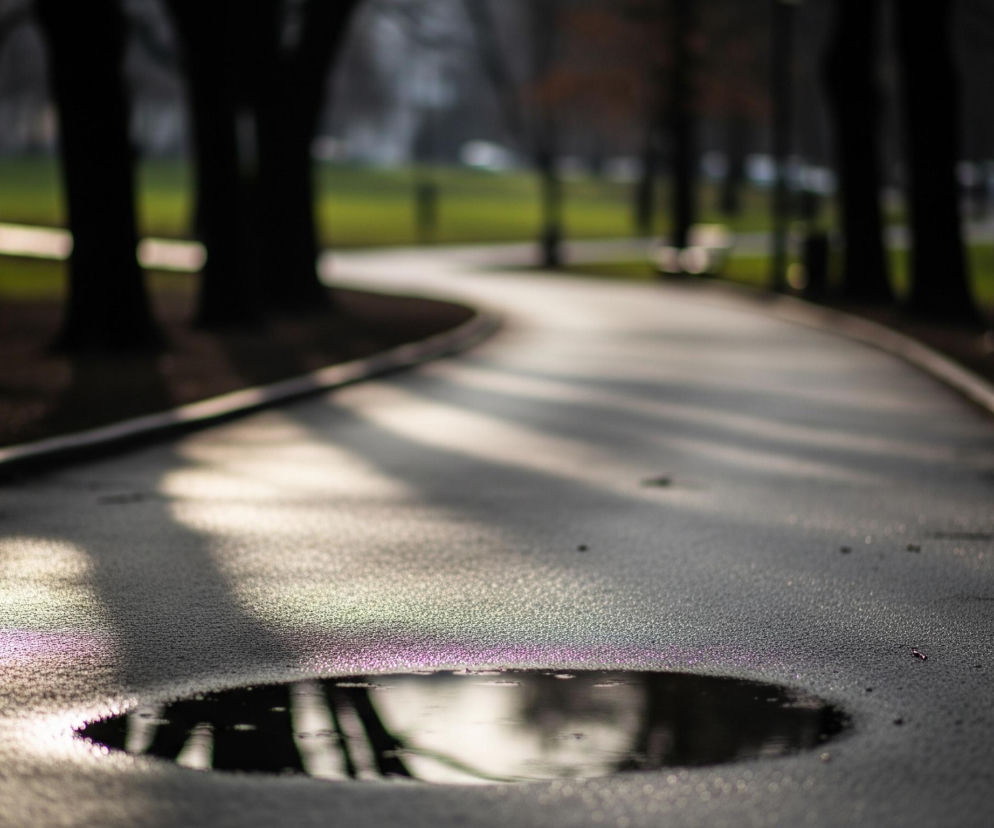 Asfaltowa ścieżka parkowa z widocznymi refleksami światła odbijającymi się od wilgotnej powierzchni dominuje na zdjęciu. W dolnej części obrazu znajduje się kałuża, której powierzchnia odbija sylwetki otaczających drzew. Ścieżka zakręca delikatnie w prawo, prowadząc w głąb kadru, a po jej bokach rozmieszczone są ciemne sylwetki drzew. Tło jest rozmyte, z niewyraźnymi zielonymi plamami trawy i jaśniejszymi fragmentami, sugerującymi odległe obiekty lub oświetlone obszary.